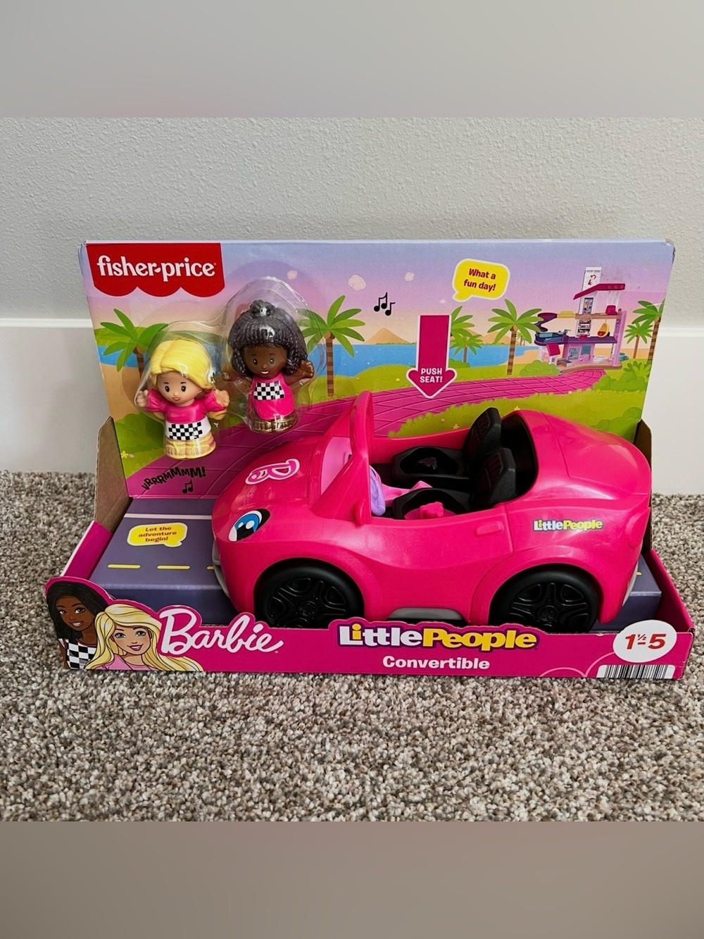 NIB Fisher Price Little People Barbie Convertible with 2 Dolls